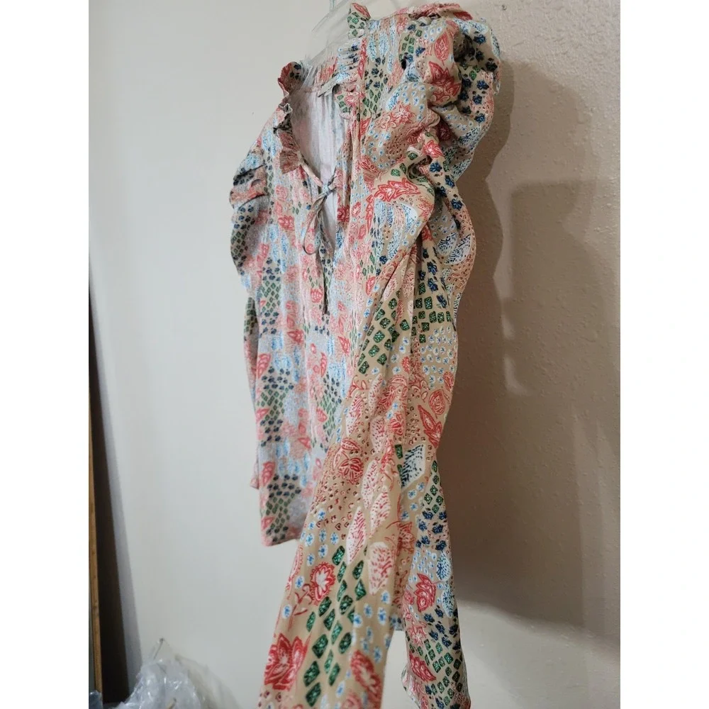 Loft Pink‎ Floral Blouse With Long Puffed Ruched Sleeves Blouse Sz M